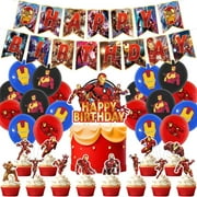 Cyinyin 32 PCS Iron Hero Man Party Supplies, Birthday Decorations Set Include Banner, Balloons, Cake Topper, Cupcake Toppers for Kids Superhero Theme Party, Unique Birthday Party Decor for Boys