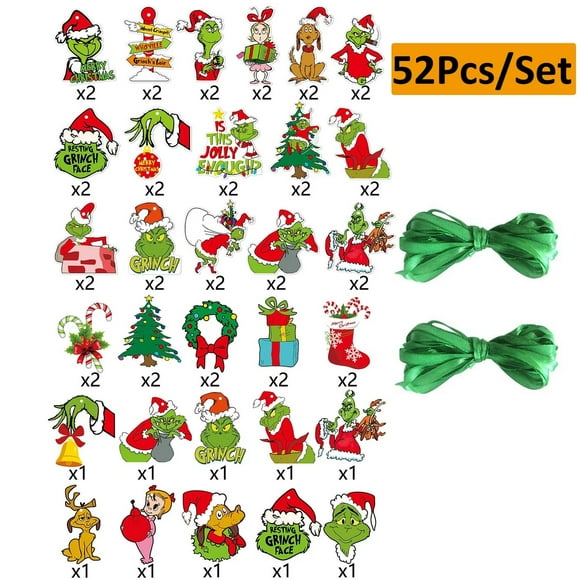Cyinyin 52 Pcs Grinch Christmas Hanging ornaments, Holiday or Birthday Gifts for Kids Friends, Unique Pendant Green Xmas Tree Decorations for Home Wall Door