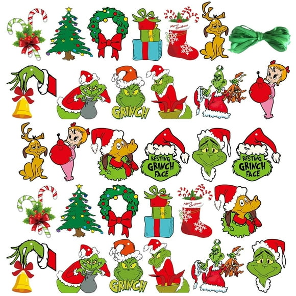 Cyinyin 60 Pcs Grinch Christmas Hanging ornaments, Holiday or Birthday Gifts for Kids Friends, Unique Pendant Green Xmas Tree Decorations for Home Wall Door
