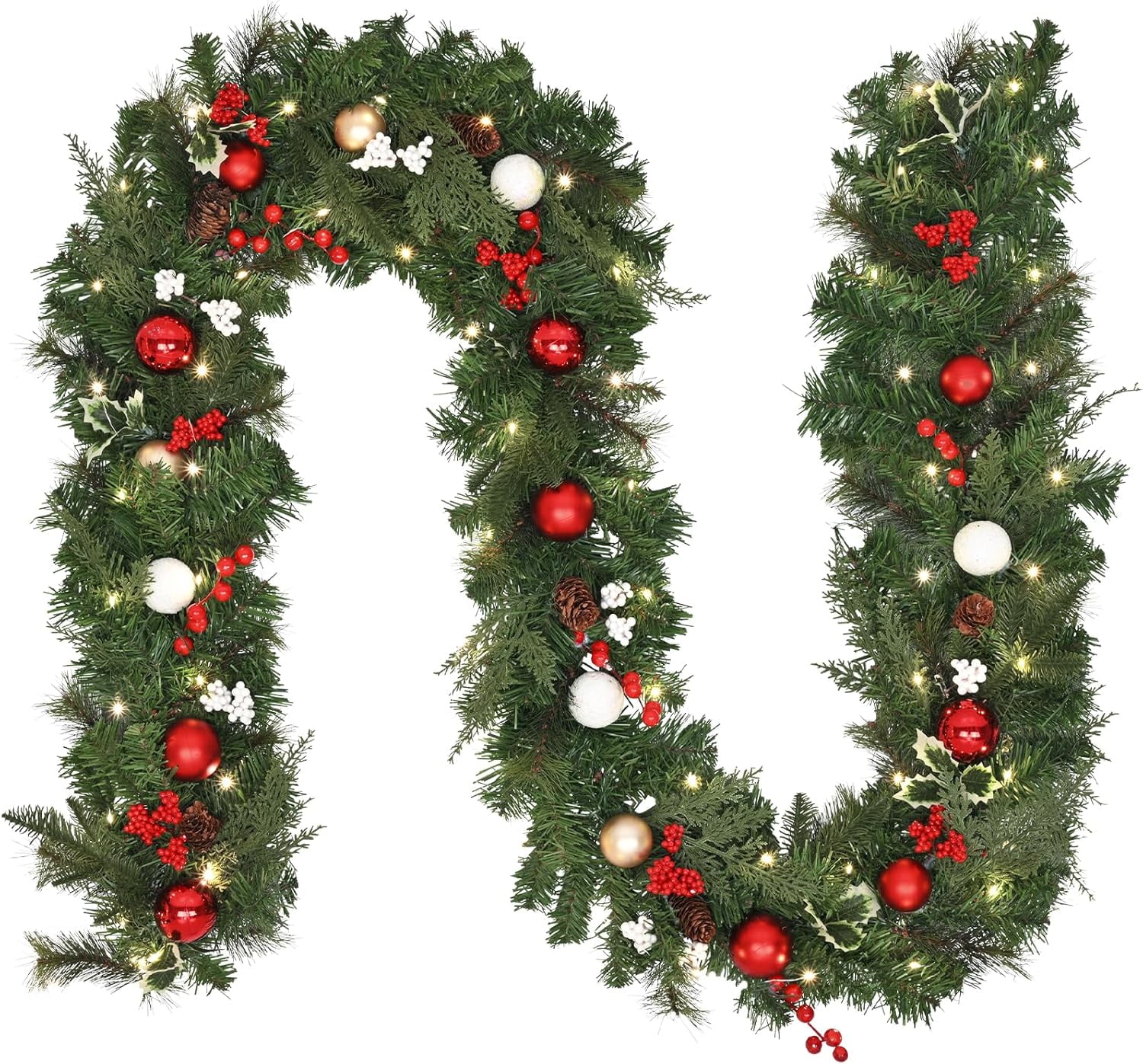 9-Foot Pine Needle Christmas Garland with LED Lights and Pine Cones