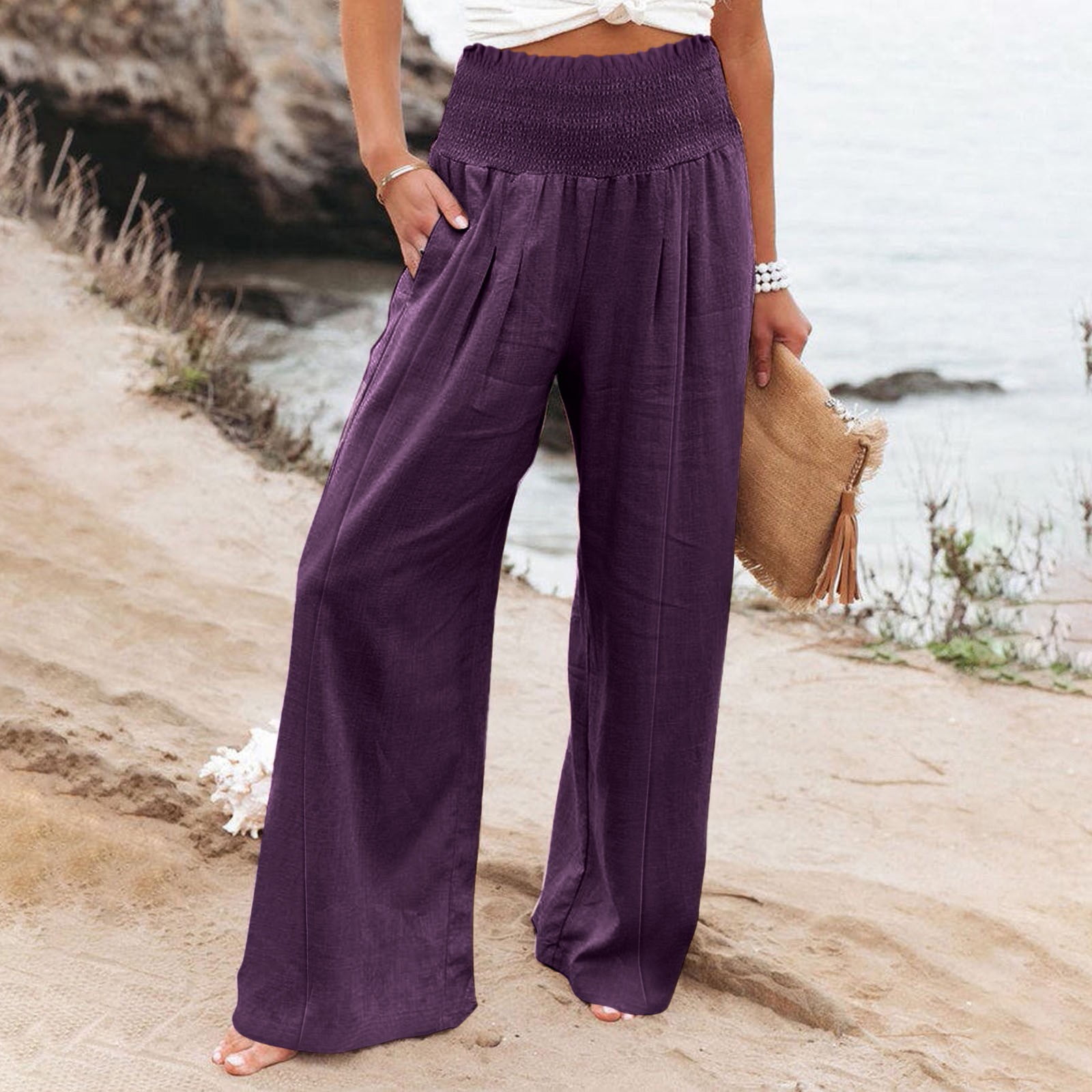 Cyinyin Flowy Pants for Women Summer High Waisted Elastic Pleated Women ...