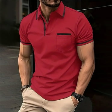 Cyinyin Golf Shirts for Men Color Block Pollover Men's Polo Shirts Short Sleeve Heathy Moisture Wicking Casual Collared Shirts Button Down with Pockets Polo T Shirts for Men Red L
