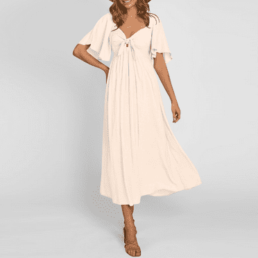 Cyinyin Womens Spring Dress 2024 V Neck Drawstring Short Sleeve Puffy Sleeve Beach Dress , Flowy Midi Midi Dresses for Women 2024 Loose Soild Color High Waist Women Dresses Beige L