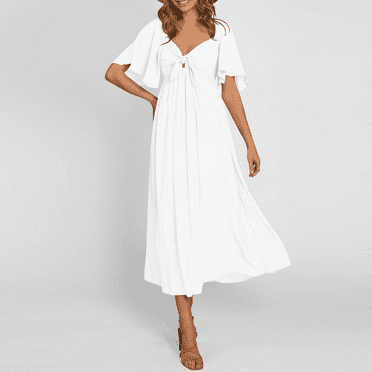 Cyinyin Womens Spring Dress 2024 V Neck Drawstring Short Sleeve Puffy Sleeve Beach Dress , Flowy Midi Midi Dresses for Women 2024 Loose Soild Color High Waist Women Dresses White S