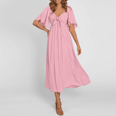 Cyinyin Womens Dresses V Neck Drawstring Short Sleeve Puffy Sleeve Beach Dress , Flowy Midi Midi Dresses for Women 2024 Loose Soild Color High Waist Spring Dress for Women Pink M