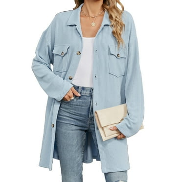 Cyinyin Workout Tops for Women Women's Fashionable Solid Color Lapel Button Pocket Long Sleeved Loose Jacket Long Sleeve Going Out Top Blue S