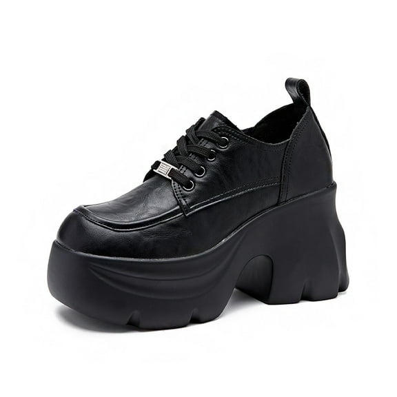 Cyipana Women's loafers Cowhide Round toe 9cm Thick sole high heels casual fashion female British style Lace-up Mary Jane leather shoes blacked