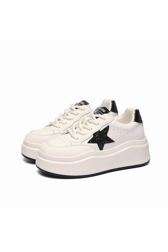 Women's white sneakers 6.5cm Thick sole Flat heel Genuine leather Round toe Low top Lace-up Pentagram female Casual Fashionable Sports shoes