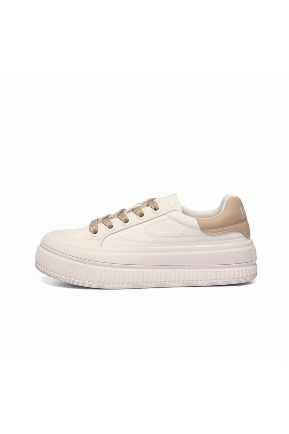 women's casual sports shoes genuine leather Round toe lace-up 4cm thick-soled flat heels Low top female Outdoor running sneakers Beige