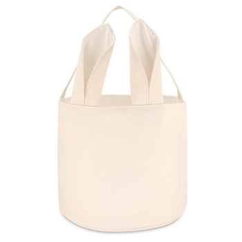 Cylinder Bunny Ear Easter Basket, Dual Layer Canvas Bag With Bunny Design for Easter Egg Hunt Basket Carrying Eggs Gifts for Kids Holding Toys Books School Project Lunch Box-Cylinder Bag- White