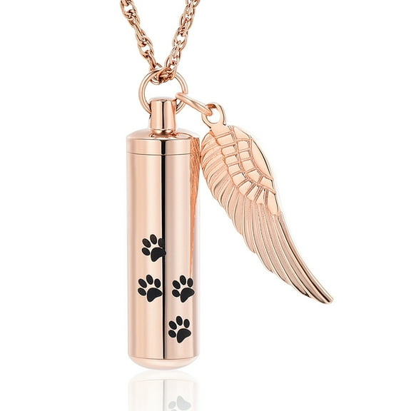 Cylinder Cremation Necklace for Pet Ashes Urn Necklace with Angel Wing Pet Paw Ashes Necklace for Dog/Cat Pet Memorial Keepsake Jewelry