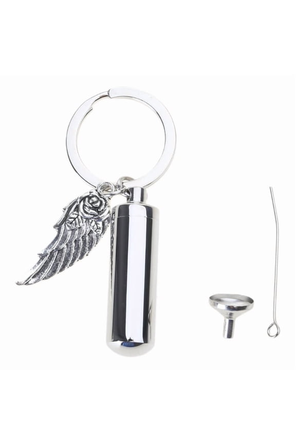 Cylinder Cremation Urn Keychain for Ashes Memorial Keepsake Pendant with Angel Wing Stainless Steel Remembrance Jewelry