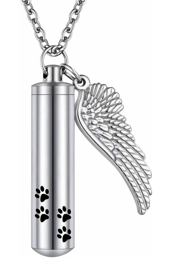 Cylinder Cremation Urn Necklace with Angel Wing & Pet Paw - Ashes Keepsake for Dog/Cat Memorial Jewelry