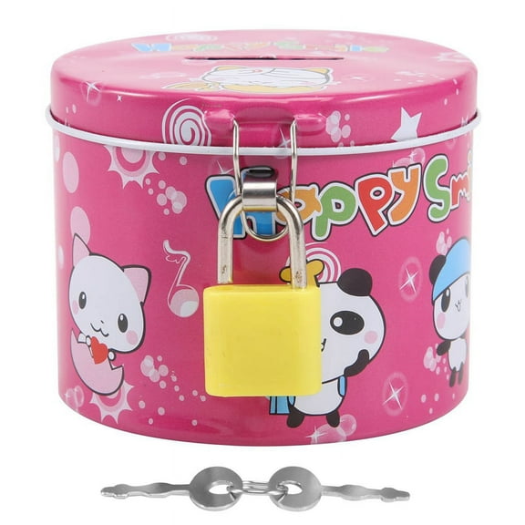 Cylinder Design Cartoon Print Piggy Bank Coin Money Saving Box w Padlock