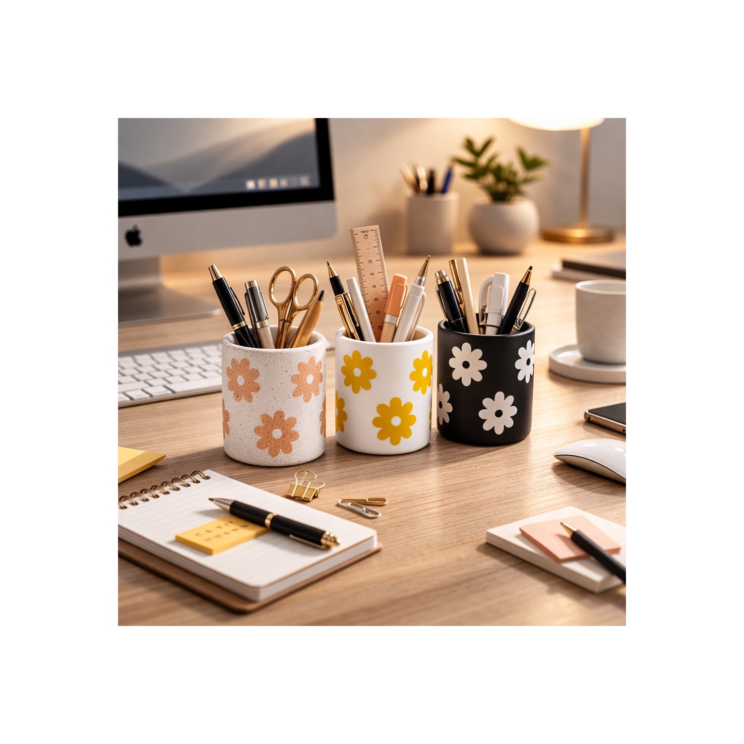 Cylinder Desk Organizer for Home Decor - Ceramic Desktop Organizer for Office Storage and Small Desk Workspace  - Boho Floral Office Accessory Decor for Tabletop - Set of 3, 5", White & Black