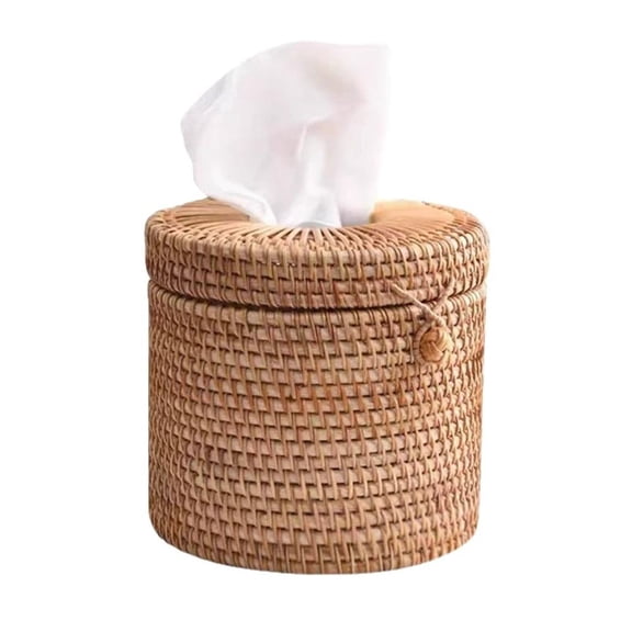 Cylinder Facial Tissue Box Holder, Woven Napkin Dispenser with Elastic Loop Bead, Decorative Round Rattan Paper Cover Dispenser for Bedroom, Dining Room, Car, Office,