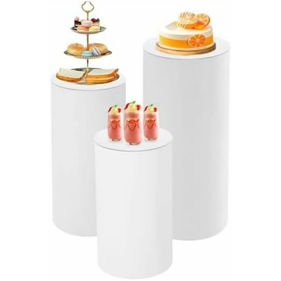 Cylinder Stands for Party 3Pcs, White Round Cylinder Pedestal Display Plinth Pillars,Round Reusable Dessert Display Tables ,Easy To Store for Wedding Party Decor 35.4''(L),29.5''(M),23.6''(S)