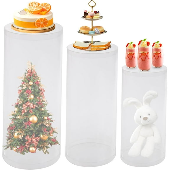 Cylinder Pedestal Stands for Party 3Pcs Clear Pedestal Display Plinth Pillars Round Cake Stand Cylinders for Wedding Party Art Decor 35.4''(L),29.5''(M),23.6''(S)