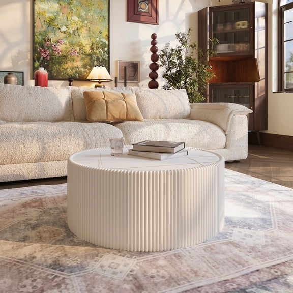 Cylinder Sintered Stone Top End Table, PU Leather Wrapped MDF Frame No-Assembly Modern Living Room Side Table, Black White Gold Color Options