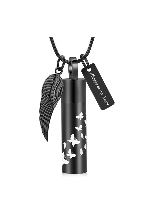 Cylinder Urn Necklace for Ashes Butterfly Print Cremation Jewelry Stainless Steel Ashes Pendant Feather Keepsake Memorial for Jewelry for Women Men