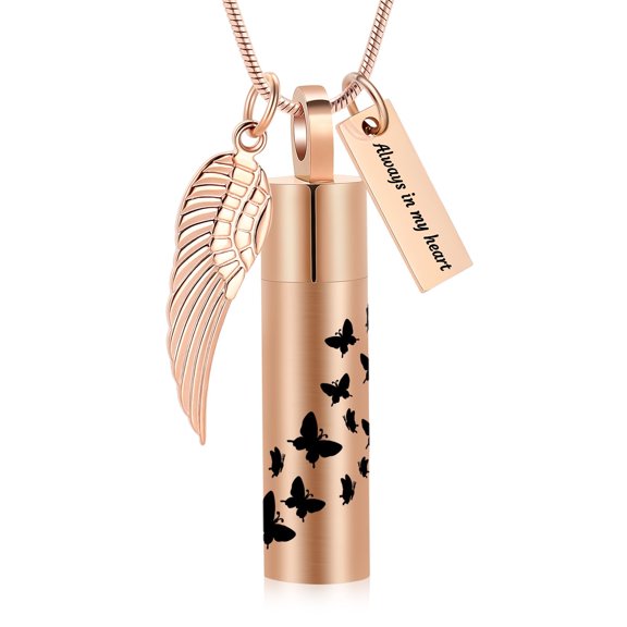 Cylinder Urn Necklace for Ashes Butterfly Print Cremation Jewelry Stainless Steel Ashes Pendant Feather Keepsake Memorial for Jewelry for Women Men