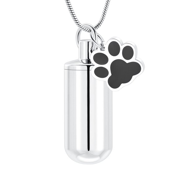 Cylinder Urn Necklace for Ashes for Human Pet Stainless Steel Cremation Jewelry Memorial Keepsake Pendant with Paw Print Charm Ashes