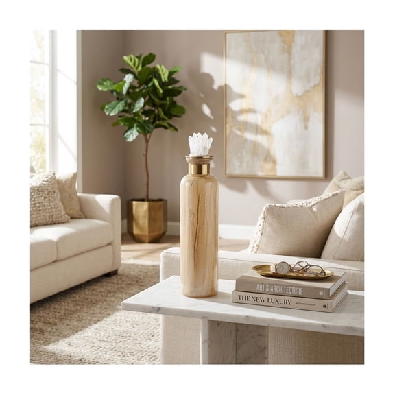Cylinder Glass Flower Vase with Crystal Accent Top for Home and Office Use -Modern Glam Accent for Table, Shelf and Bedroom - 20", Gold & Metallic
