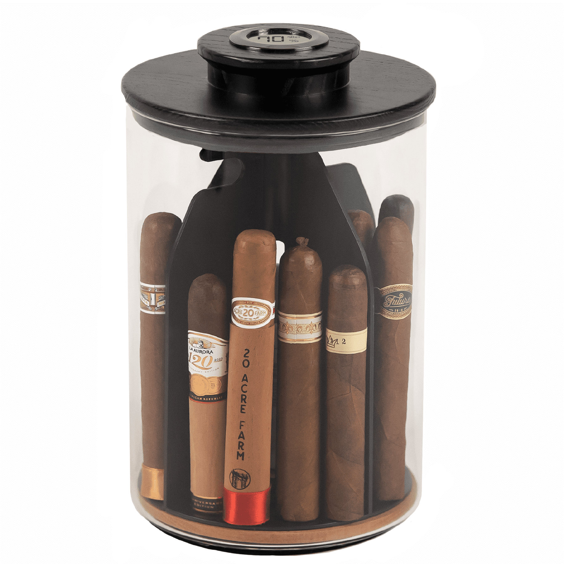 Cylindor Glass Humidor Jar Real Ash Wood in Black Lid