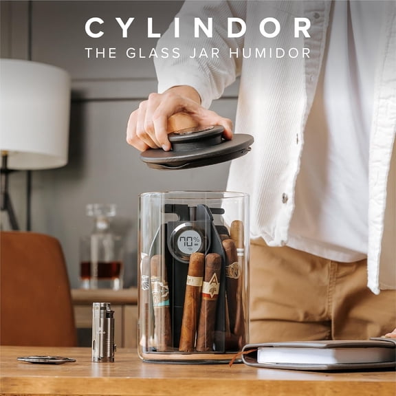 - Cylindor Humidor - Tupperdor Air-Tight Glass Jar, Black Ashwood Lid, Digital Hygrometer, Spanish Cedar, Divider System, and Starter Humidity Pack - Holds 25-35 Cigars