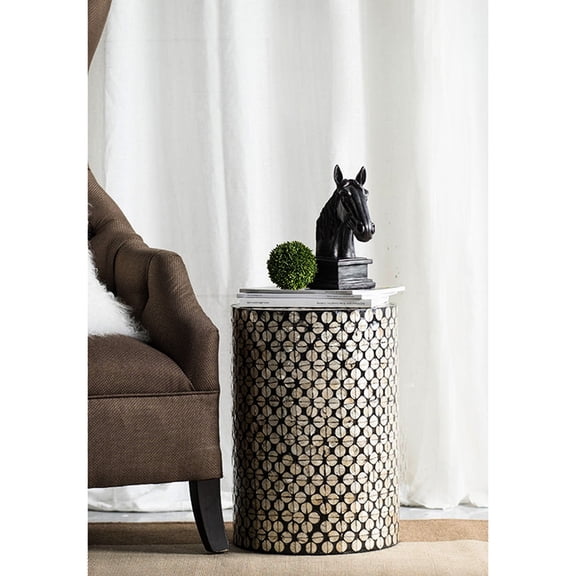 Cylindrical Accent Table Stool, Black And Gold, Suits Transitional Decor, 14x20 Inches Modern Stool In Black/gold, Side With Rich Texture, Enhances Interior