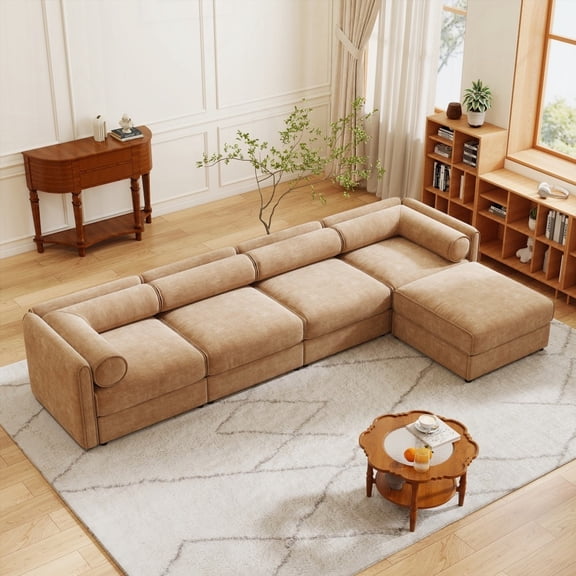 Modern Minimalist Fabric 4-Seat L-Shaped Sofa 220cm with Storage and Cylindrical Support