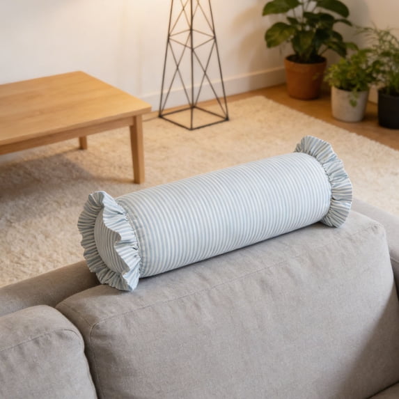 Cylindrical Bolster Pillow, Short Striped Neck Roll Pillow, Soft Ruffled Edge Support Cushion, Decorative Pad for Bed, Sofa, Sleeping, Relaxing & Home Decor Use, 20*8in, Light Blue