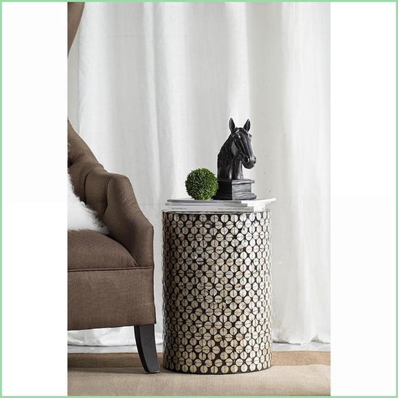 Cylindrical Capiz Accent Stool Side Table Black/Gold MDF Indoor | Boho, Coastal, Modern | Black+Gold