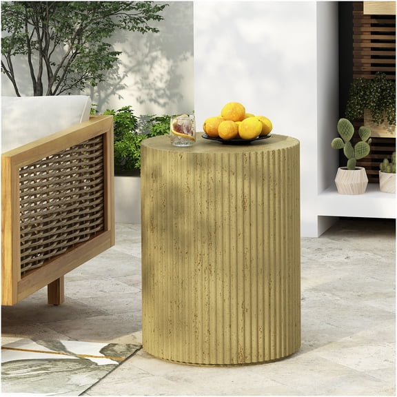 Cylindrical End Table, Antique Brown Wood Grain Finish, Weather Resistant Accent Table for Living Room & Patio