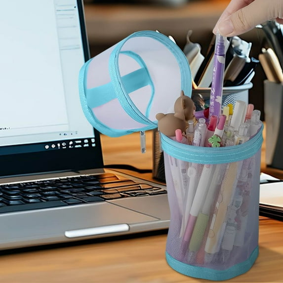 Cylindrical Mesh Pen Bag (7.87x3.74'') - Transparent Gauze Organizer with Large Capacity, Multi-Use Storage for Campus/Office/Home, Stylish Round Pencil Case