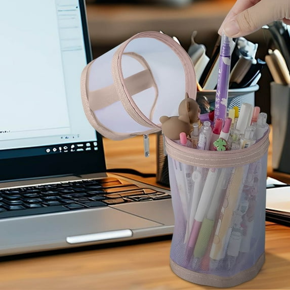Cylindrical Mesh Pen Bag (7.87x3.74'') - Transparent Gauze Organizer with Large Capacity, Multi-Use Storage for Campus/Office/Home, Stylish Round Pencil Case
