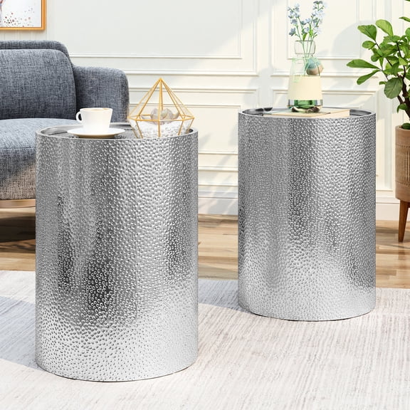 Cylindrical Metal Side Table Set | Add Chic Atmosphere to Any Room | Hammered Iron Construction for Textured Look | Ready-to-Use Out of the Box