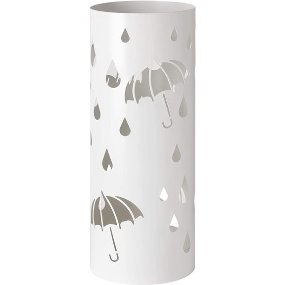 Cylindrical Metal Umbrella Stand With Sculptures In The Form Of Rain And White Umbrellas 19X19X49 Cm With Hook And Removable Drip Tray