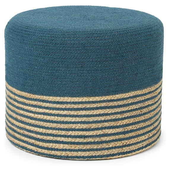 · Cylindrical Pouf Foot Stool Ottoman - Jute Braided Pouffe Poof Accent Sitting Footrest for Living Room, Bedroom, Nursery, Patio, Lounge & Other Rooms (Teal Natural, 18"x18"x14")