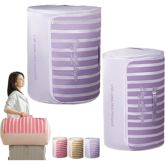 Cylindrical Roll-Up Quilt Storage Bag with Zipper, Protable Cylindrical Self Compression Organizer with Handle, Large Capacity Compression Storage Bags for Comforters, Closet, Travel (P: M+L)