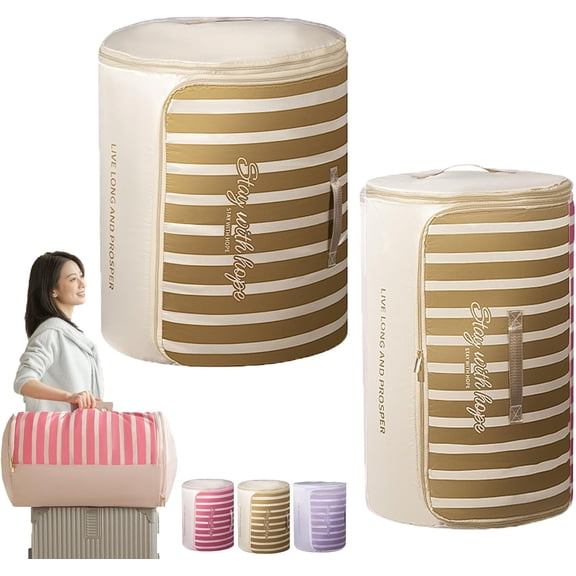 Cylindrical Roll-Up Quilt Storage Bag with Zipper, Protable Cylindrical Self Compression Organizer with Handle, Large Capacity Compression Storage Bags for Comforters, Closet, Travel (Y: M+L)