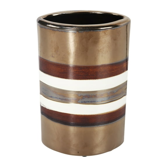 Cylindrical Shape Ceramic Decorative Vase with Bands, Multicolor- Saltoro Sherpi