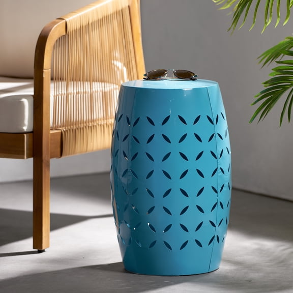 Cylindrical Side Table Blue 12.25 Accent End Table for Living Room, Family Room, Entryway, Indoor Outdoor Coffee Table with Laser-Cut Iron Design
