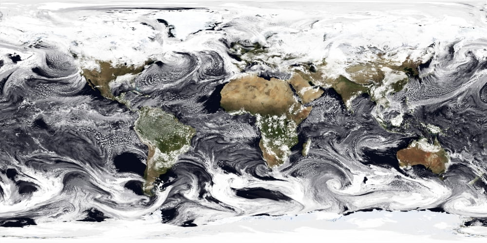 Cylindrical equidistant projection of visualization showing clouds across the world Canvas Art - Stocktrek Images (40 x 20)