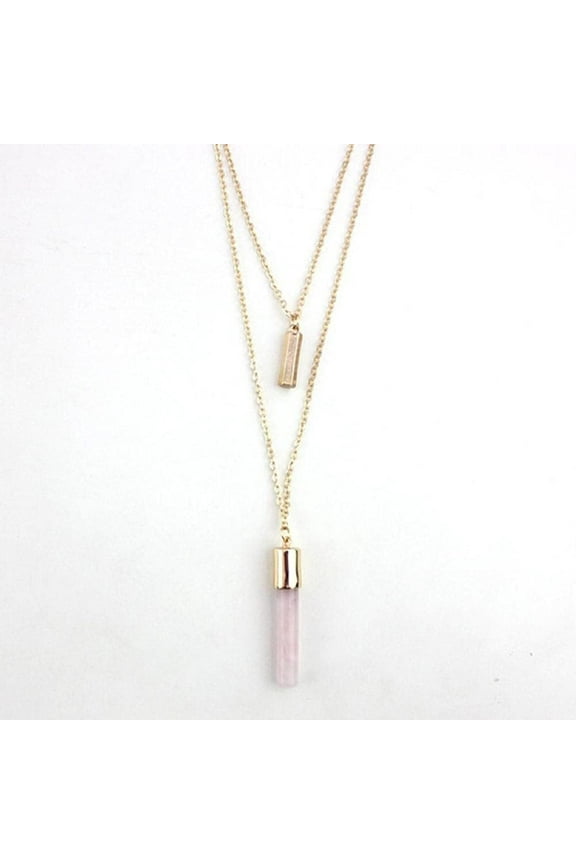Cylindricality Genuine Stones Premium Double Layer Necklace with Long Natural Blue Stone Necklace-Rose Quartz[y672]