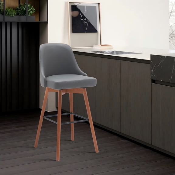 Cylis 26 Inch Swivel Counter Stool with Walnut Wood Frame and Gray Faux Leather Seat for Kitchen or Bar
