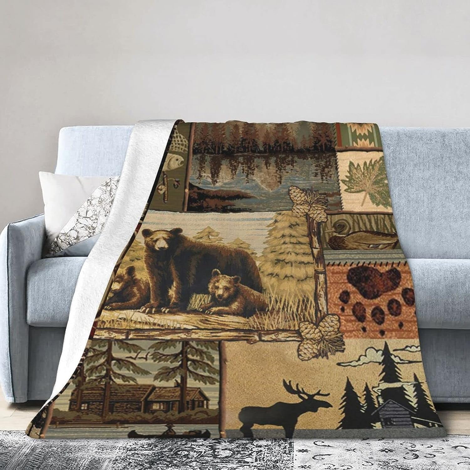 Cyloten Blanket Rustic Lodge Bear Moose Deer Fleece Blanket Foldrable