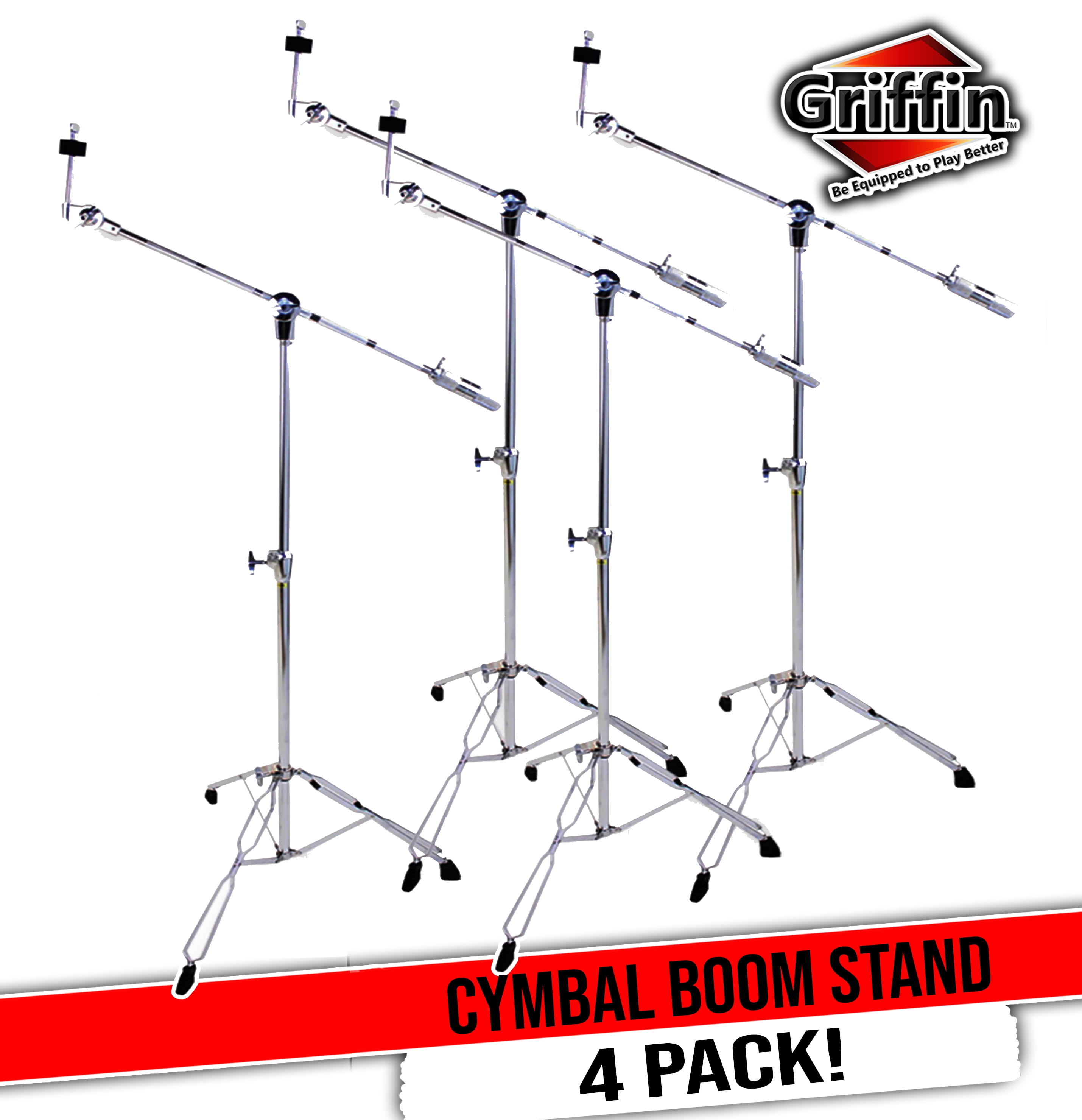 Cymbal Boom Stands (4 PACK) by GRIFFIN | Chrome Drum Kit Hardware Set with Double-Braced Tripod Legs | Counterweight Adapter for Mounting Heavy-Duty Crash, Ride & Splash Cymbals Cymbals