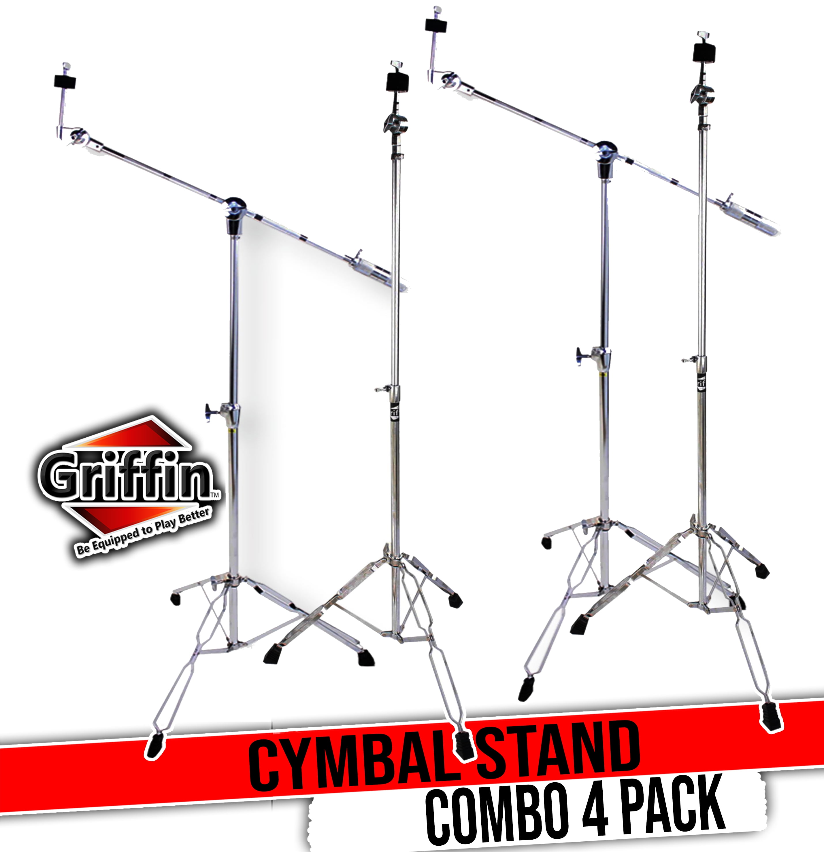 Cymbal Boom & Straight Stand Combo Set (4x Stands) by GRIFFIN | Percussion Drum Hardware Kit with Arm Counterweight Adapter & Double-Braced Legs for Mounting Crash, Ride & Splash Cymbals