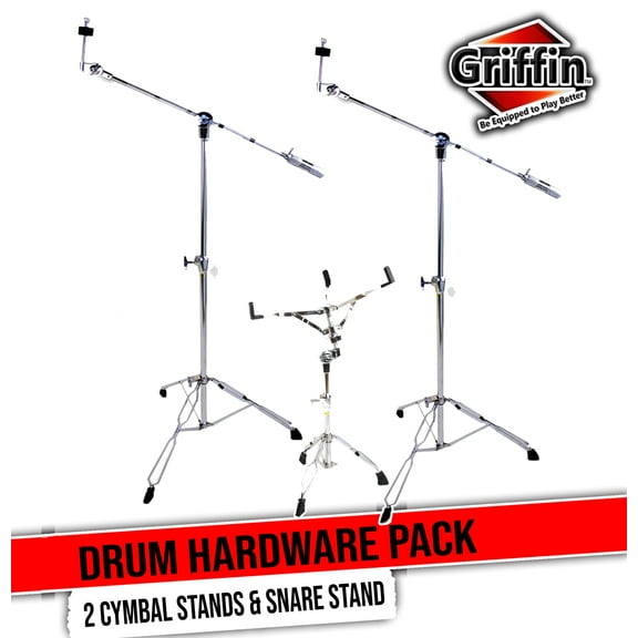 Cymbal Stand with Boom Arm & Snare Drum Stand Kit (3x Stands) by GRIFFIN | Chrome Percussion Hardware Set with Double-Braced Legs & Counterweight Adapter for Mounting Crash, Ride & Splash Cymbals